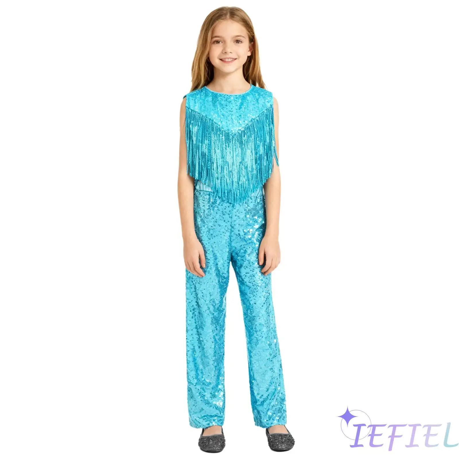 

Kids Girls 70 80S Hip Hop Jazz Dance Costumes Metallic Gloss Shiny Sequins Street Dance Top with High Waist Loose Trousers Set