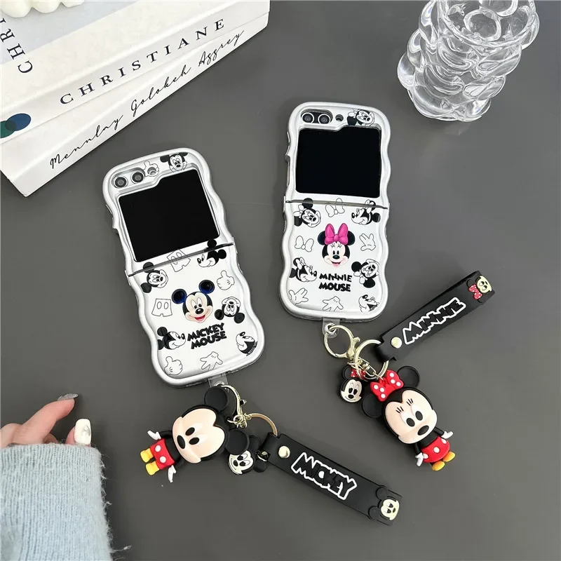 Fashion Cartoon Mickey Minnie with Lanyard Silver Plating Phone Case for Samsung Galaxy Z Flip 3 4 5 5G PC Hard Anti-drop Cover 