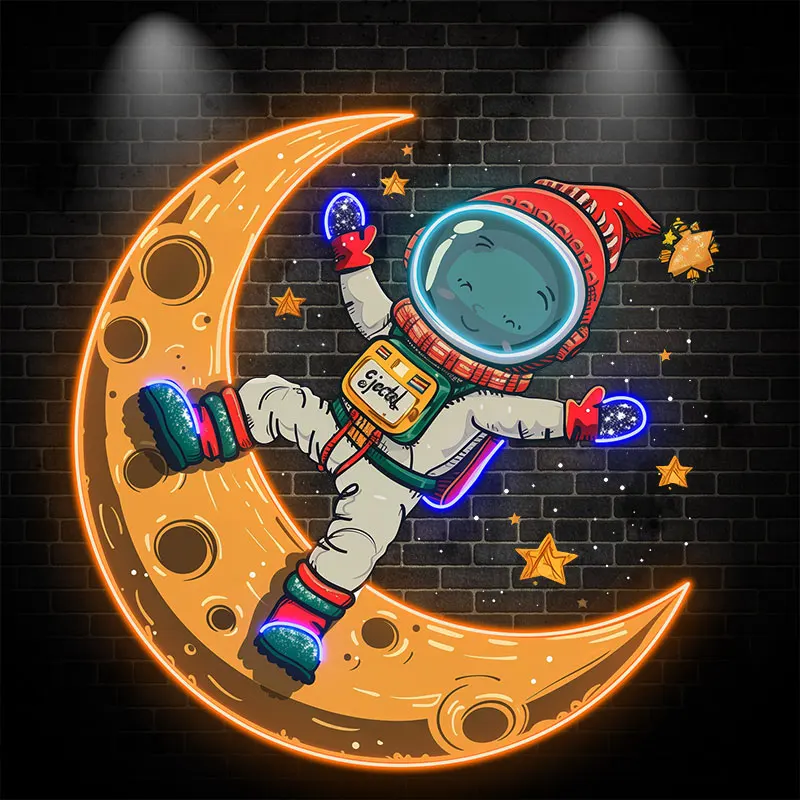 Merry Christmas Astronaut neon signs: A Holiday Miracle Swimming in Space on a Yellow Bent Moon