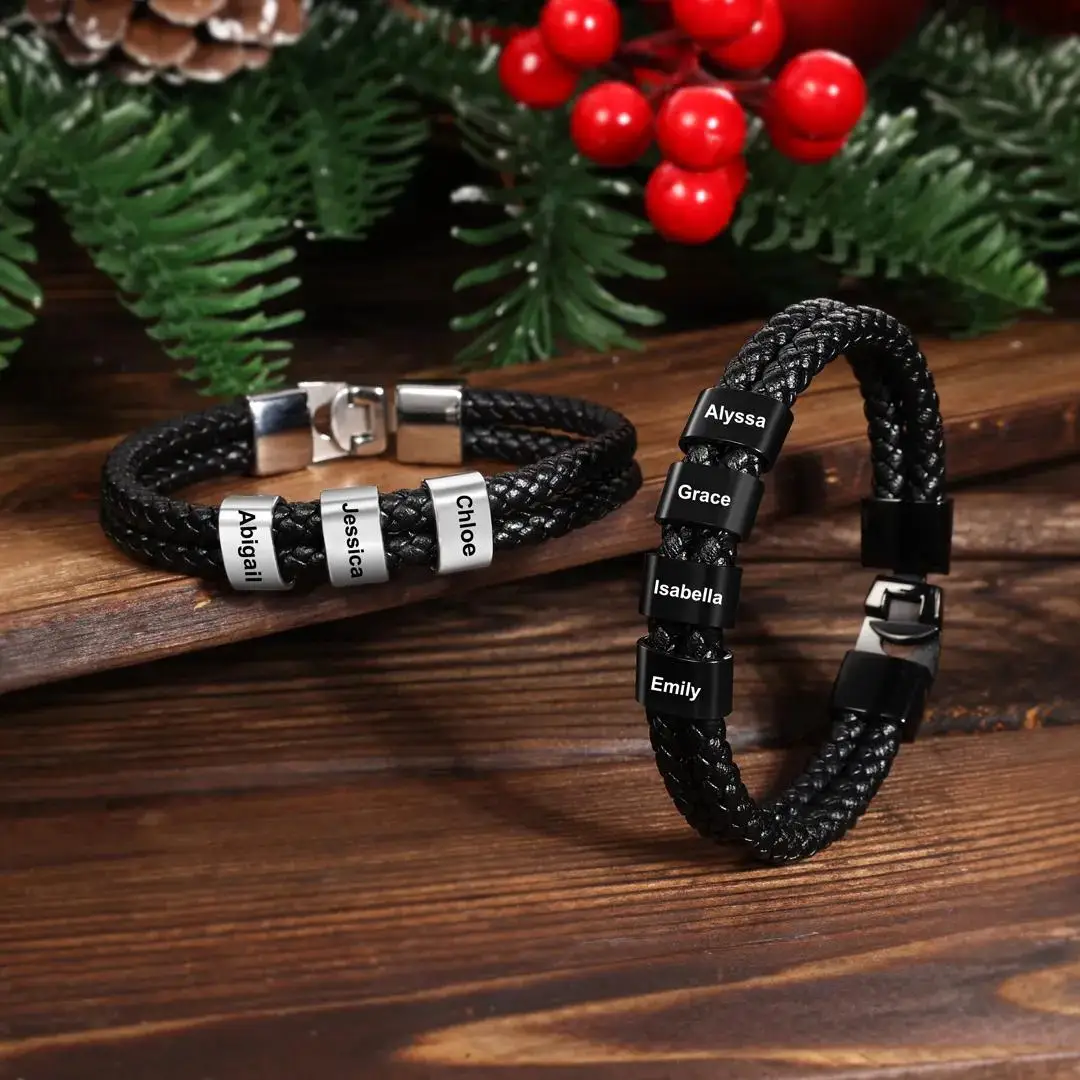 مجموعة أساور جلدية مضفرة شخصية مع صندوق هدايا-سوار رجالي مخصص محفور له سوار رجالي محفور له #3