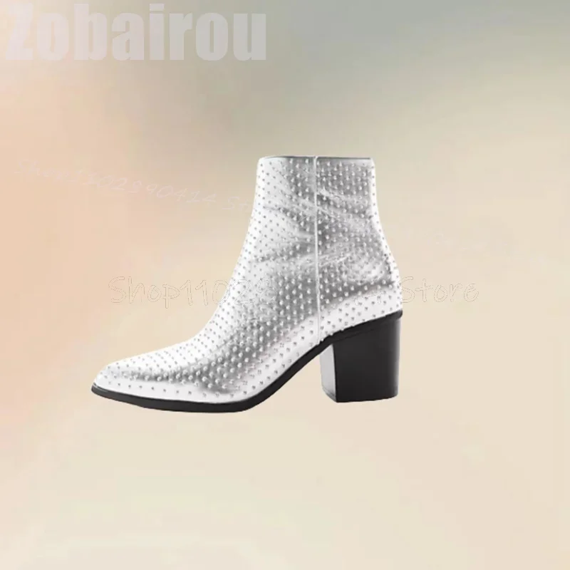 Zilveren Klinknagels Decor Puntschoen Hoge Hak Laarzen Mode Zijrits Mannen Laarzen Luxe Handgemaakte Party Banket Mannen Jurk Schoenen