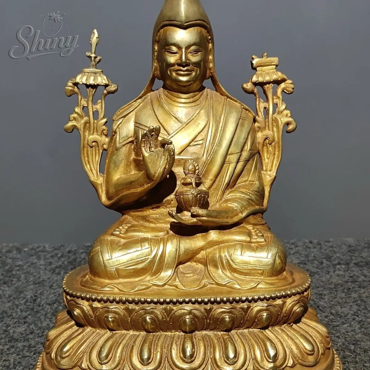 23cm Antique Solid Copper Esoteric Buddhist Statue Master Tsongkhapa Home Worship Buddha Figurine Buddhist Ornaments