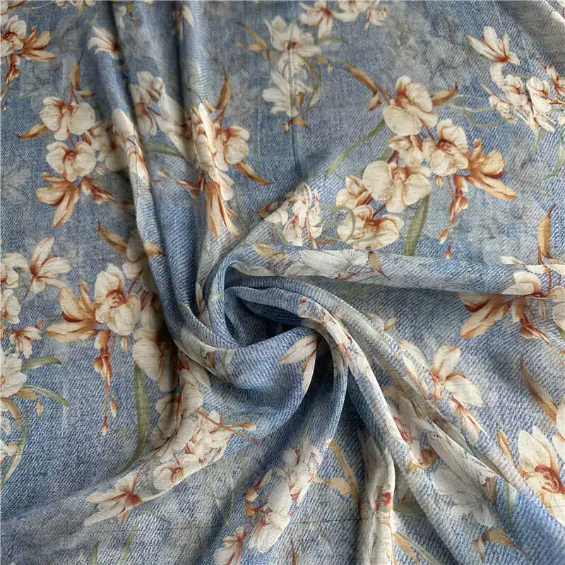 1 meter 100% Mulberry Silk 8 momme georgette thin type fabric Silk Blue Printed 135cm 53\