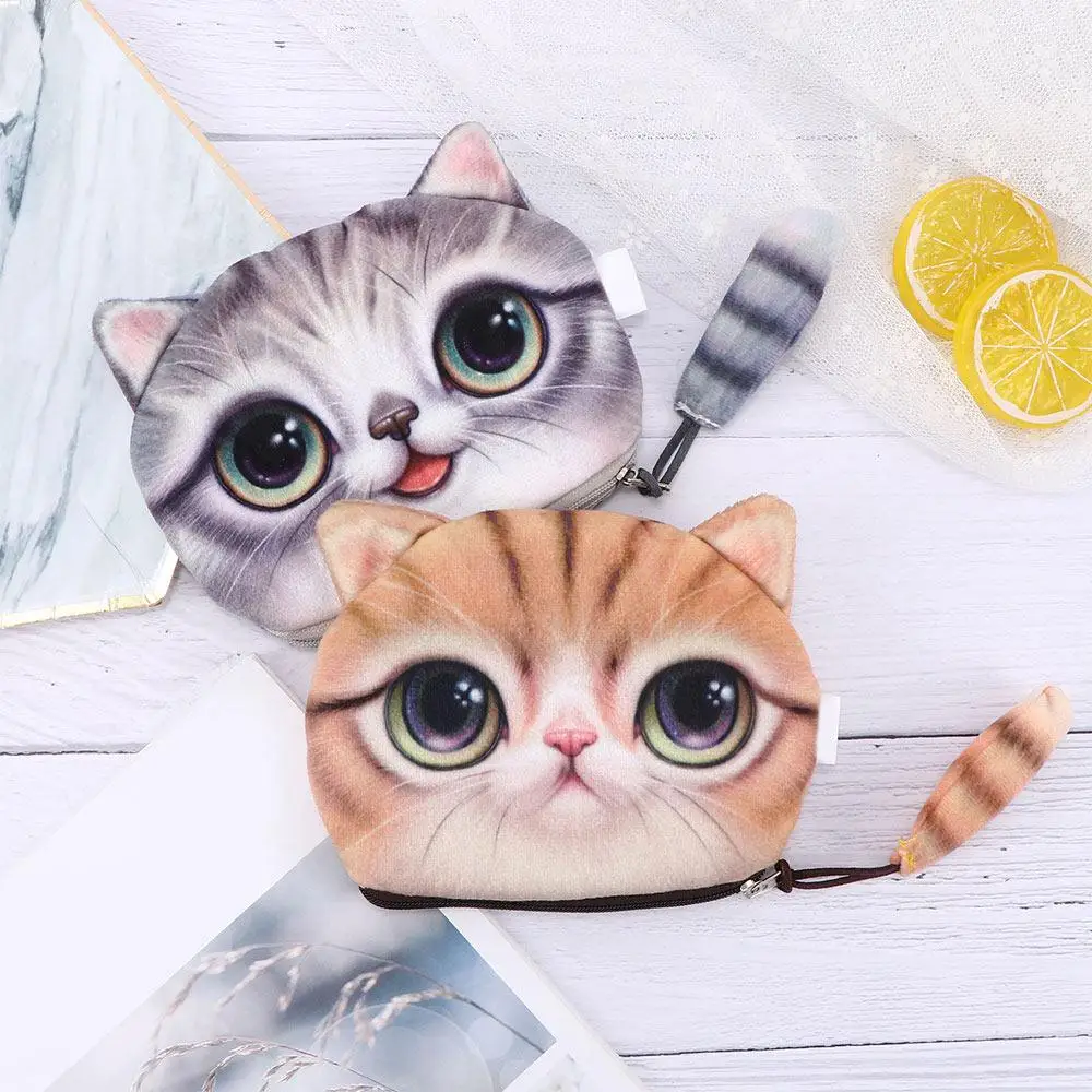 New DIY Woman Cute Design Big Face Small Tail Cat Coin Bag with Zipper Cartoon Cat Zero Wallet Cat Head Meow