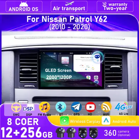 Android 16 Auto para Nissan Patrol Y62 2010 - 2020 Radio de coche reproductor de vídeo Multimedia navegación GPS pantalla inalámbrica Carplay QLED