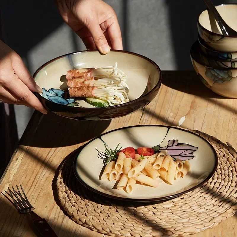 Ceramic Dish Set Household Retro Underglaze Hand Painted Anti Scalding Rice Bowl Plate 4 10 People Bowl Plate Combination