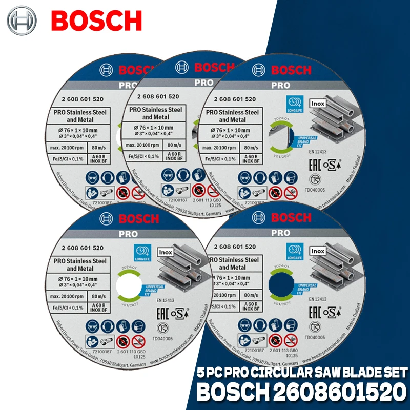 BOSCH 5개 PRO 스테인레스 스틸 및 금속 Gebundene Trennscheibe 미니 앵글 그라인더 76×10 MM 톱날용 2608601520