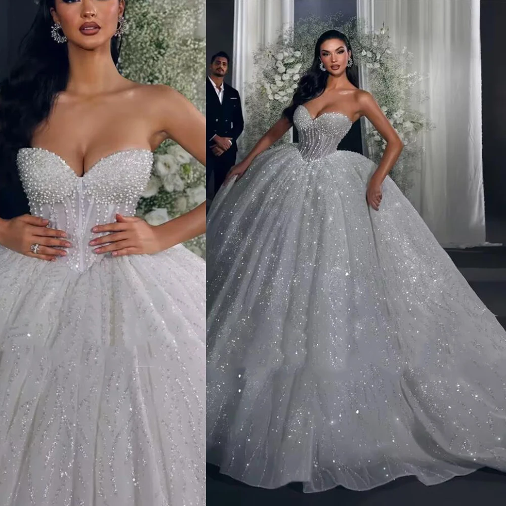 Perles exclusives perles princesse robes de mariée paillettes scintillantes dentelle chérie robe de mariée personnalisé femmes tenue de Banquet