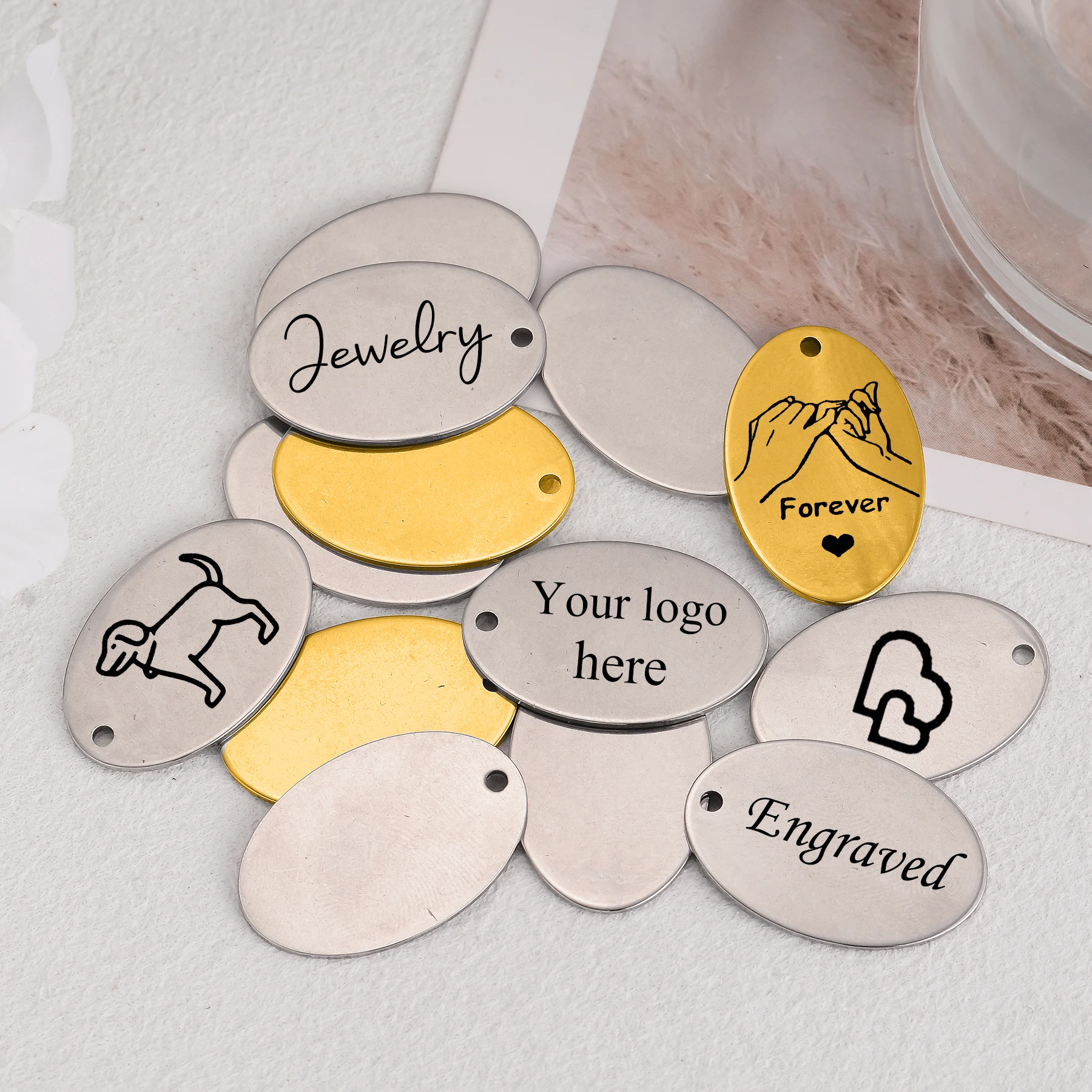 

50 шт./лот персонализированные металлические овальные бирки из нержавеющей стали подвески на заказ логотип текст ID кулон для изготовления ожерелья ювелирных изделий
