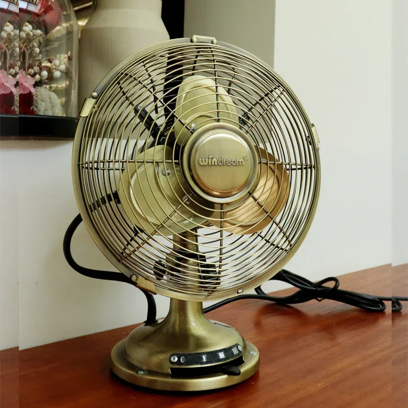 220V Vintage Copper Table Fan with Oscillation - Antique Style Desk Fan for Home and Office