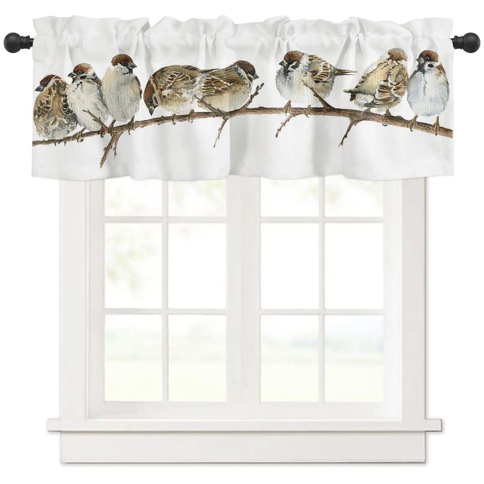 Tree Sparrow Watercolor Small Curtain Rod Pocket Short Curtains Half Drapes Partition Cabinet Door Window Curtains Home Decor