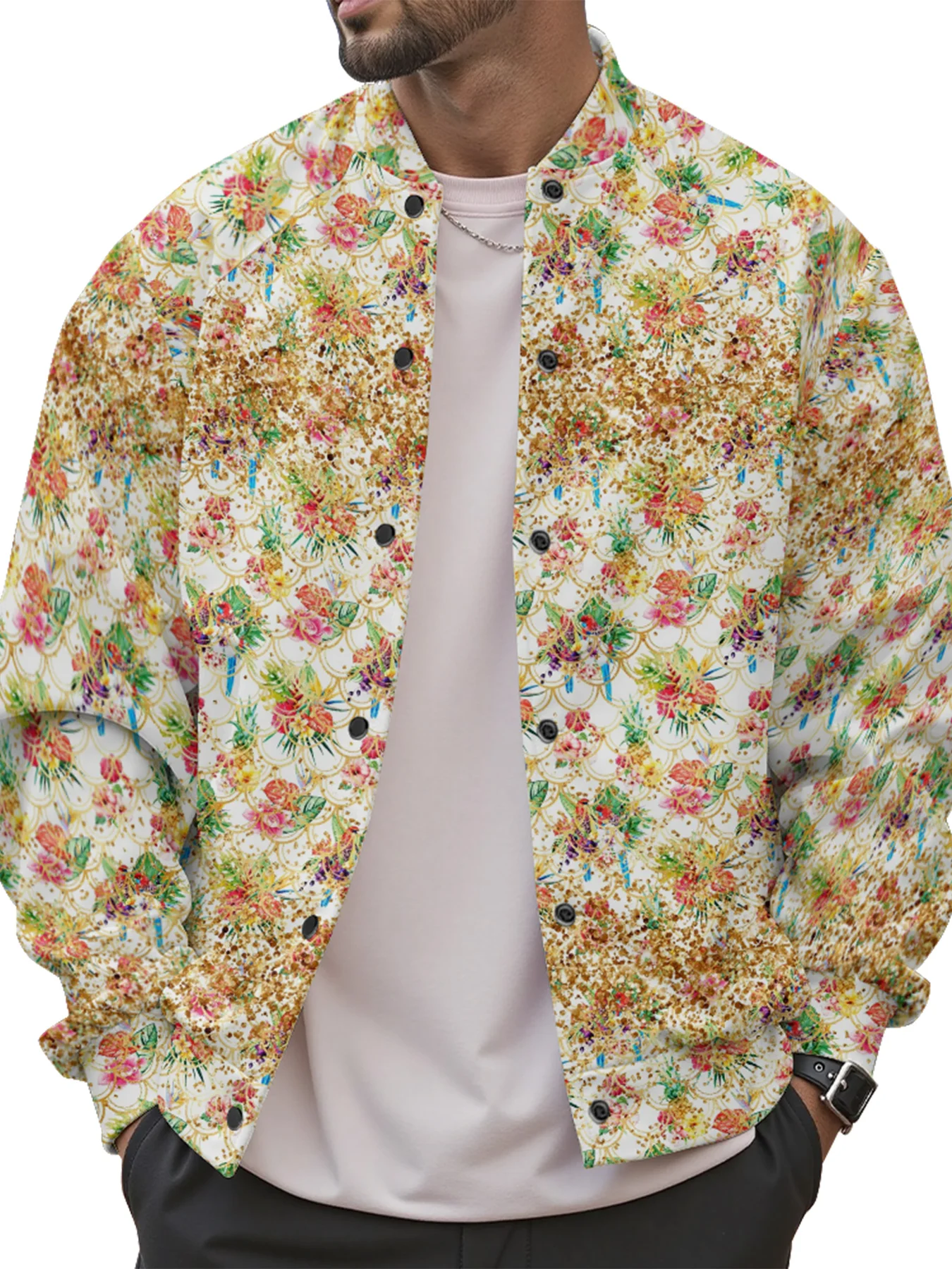 

Retro Floral Baseball Jacket Button Colorful Bloom Design Unisex Casual Outfits Fashion Korean Street Fall Layering Piece Trendy