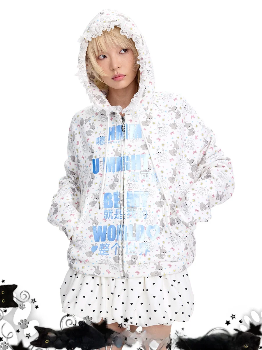 

CFIERCE And Rabbit Print Lace Decorated Sweatshirt Street Style Long Sleeve Hoodie for Teens Cotton Polyester Blend