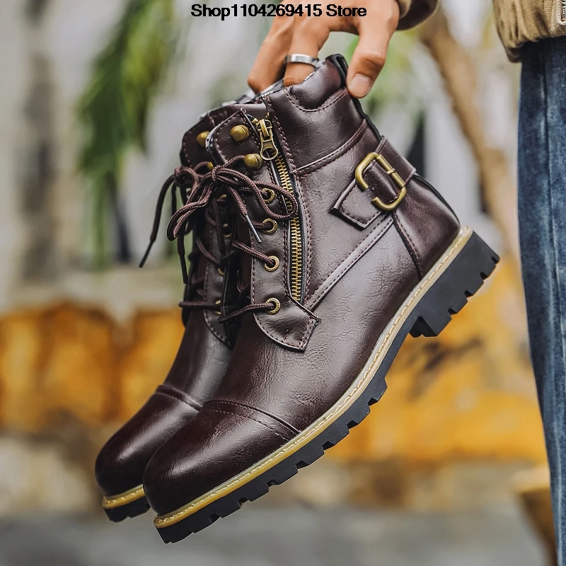 Quality Men Leather Boots Metal Double Zipper Motorcycle Boots Oxford Business Men Ankle Boots Autumn Winter Shoes Large Size 48