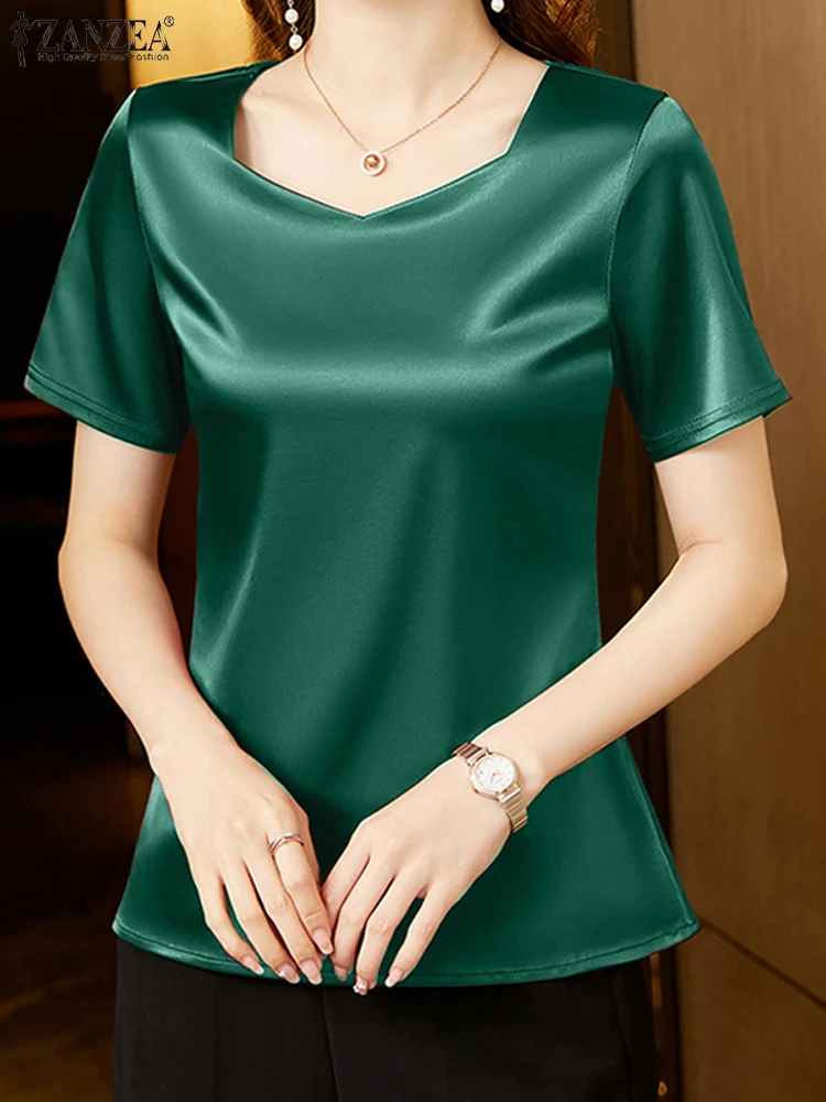 ZANZEA Summer Office Lady Blouse Fashion Women Solid OL Work Shirt Casual Blusas Chemise Elegant Short Sleeve Satin Tops 2024