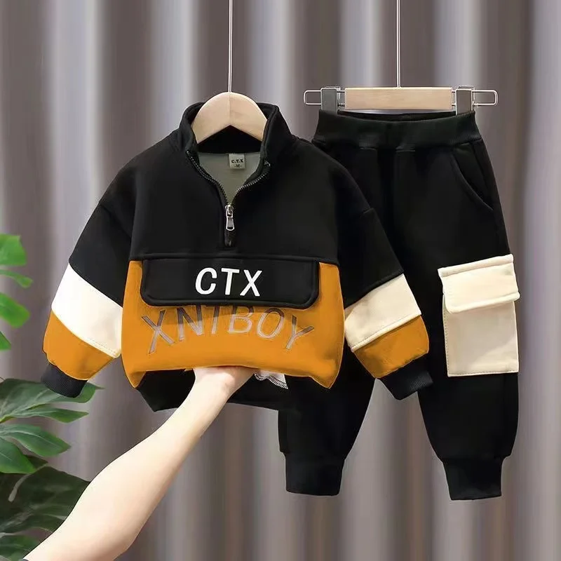 Children's spring And autumn Clothing Set New Boys Plush Thickened Sweater Pants Two Piece Set Baby Casual Sportswear 2 Pcs Kids