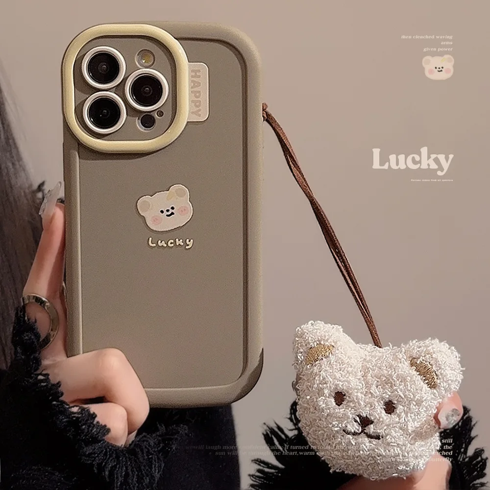 Einfache süße Cartoon-Bär-Telefonhülle mit Riemen für iPhone 16 15 14 13 12 11 Pro Max XS XR X 7 8 Plus stoßfeste Schutzhülle