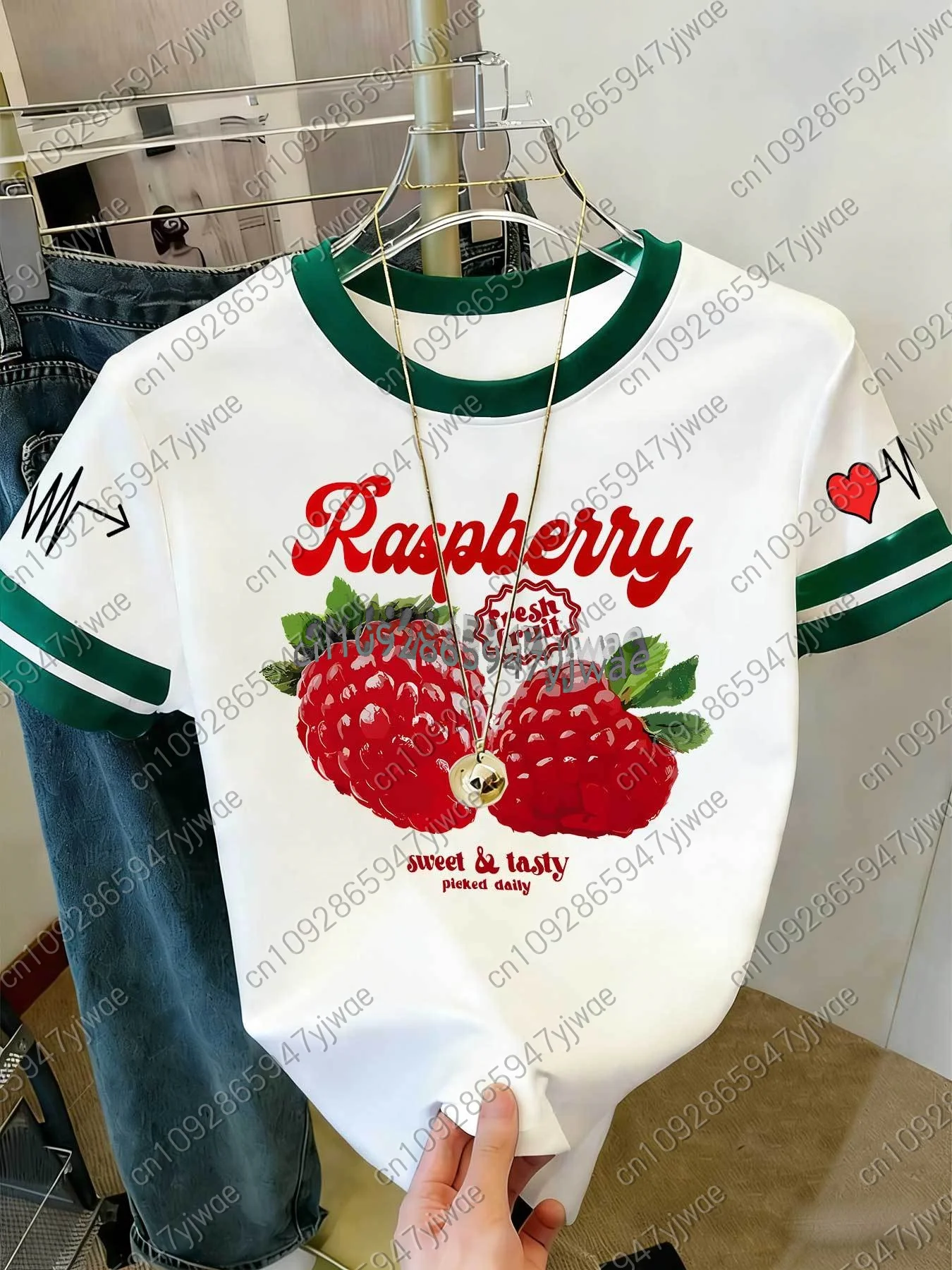 2026 Damen Kurzarm Colorblock T-Shirt mit Himbeer-Print im Y2K-Stil, Rundhals-Oberteil für Outdoor-Sport, Erwachsenen-Damen-T-Shirt – Detail 9