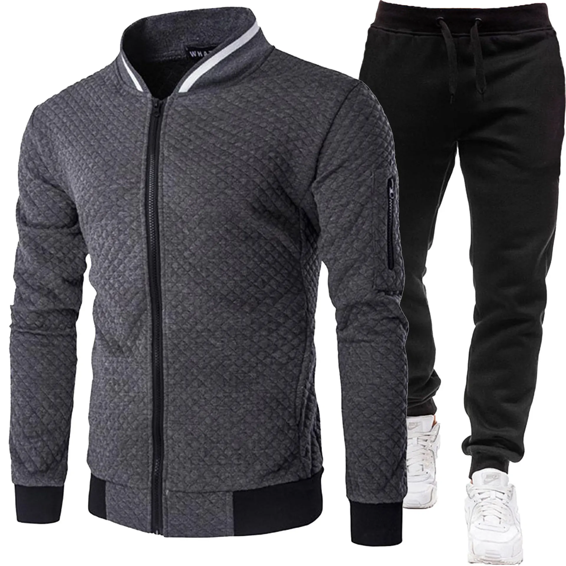 Herren Gesteppte Bomberjacke Trainingsanzug Herbst Winter Reißverschluss-Cardigan Sweatshirt Jogginghose Zweiteiliges Casual Sportbekleidungs-Set – Detail 3