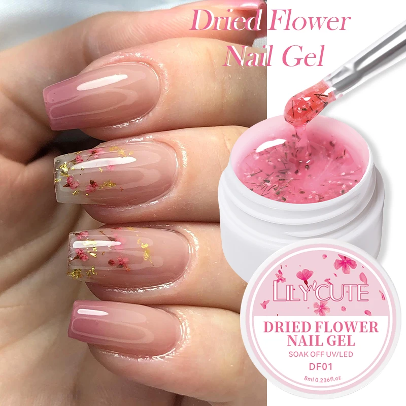 LILYCUTE 8ml Pink Dried Flower Gel Nail Polish Natural Flower Fairy Nail Art UV Gel Soak Off UV LED Painting Gel Varnishes DIY