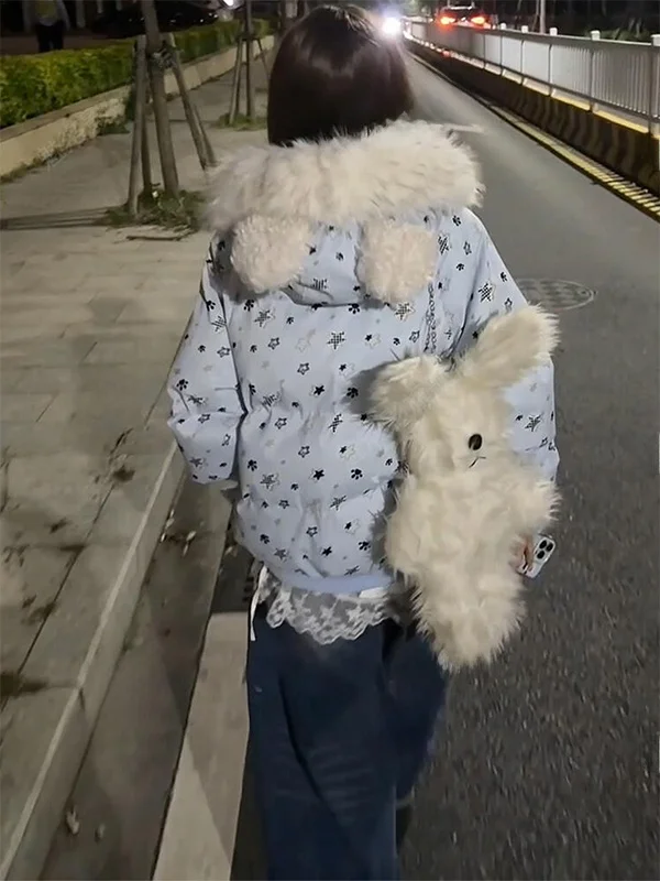 

Американская модная куртка в студенческом стиле с принтом звезд, меховым воротником и капюшоном, женская зимняя свободная утепленная хлопковая куртка-пуховик