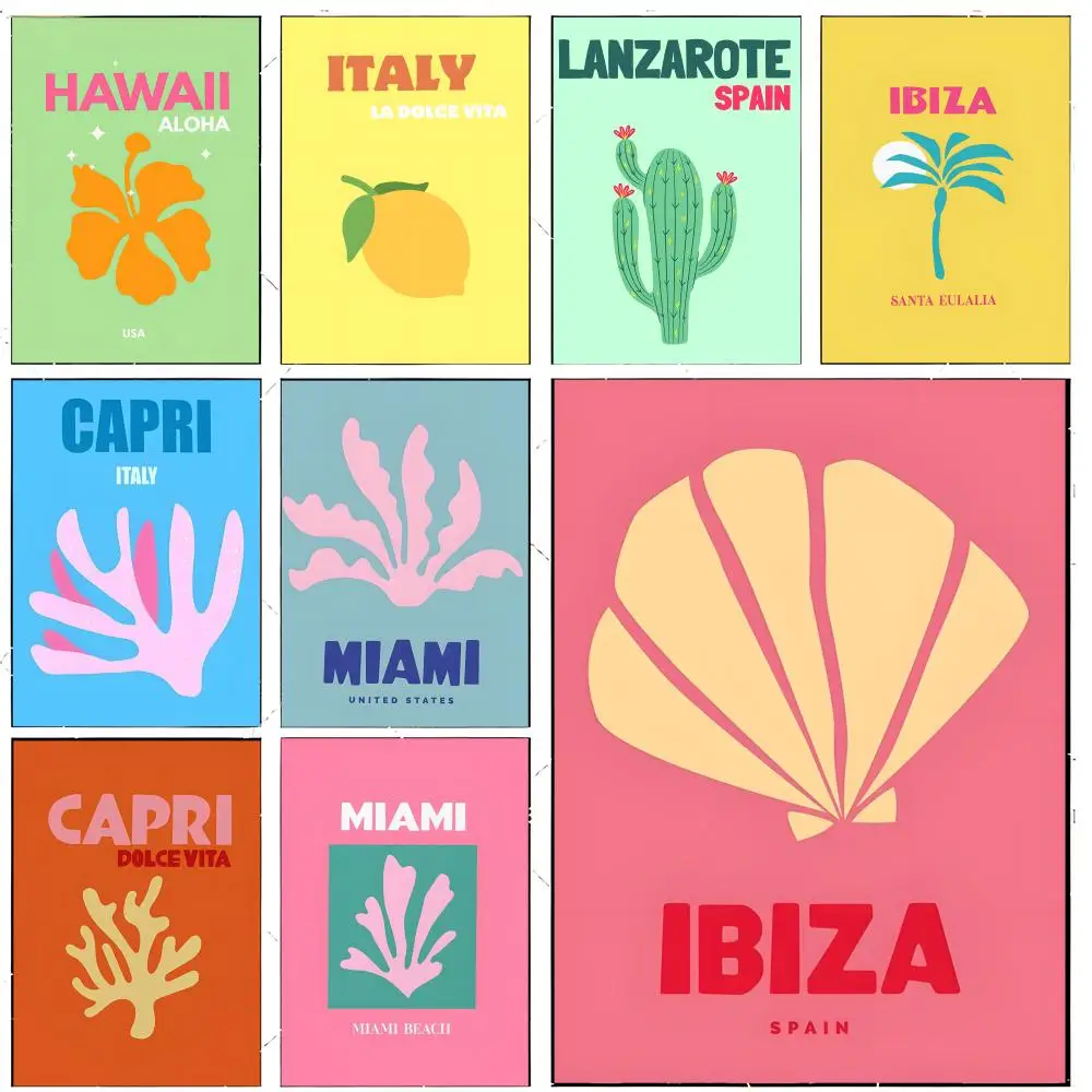 print M-Mykonos Ibiza Miami Bondi Amalfi St.tropez Colourful Poster Premium Decor Art & Gift for Household Lounge Home Ornaments
