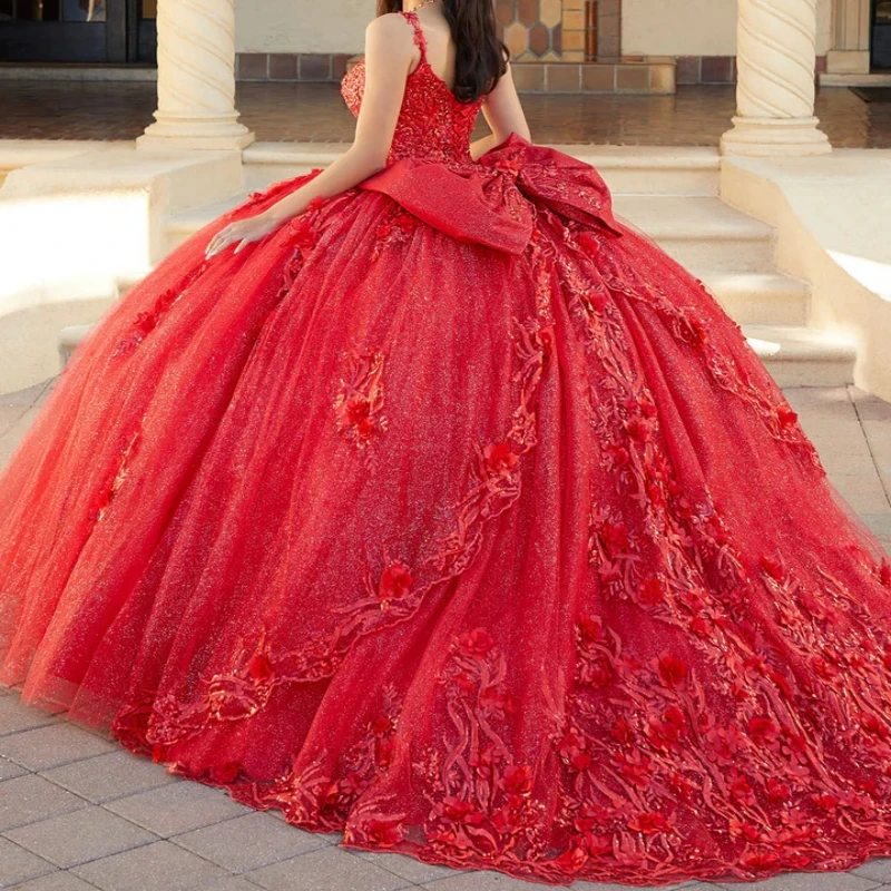 NW92 Customized Mexican Red Princess 14 16 Girl Quinceanera Dresses V Neck Flower Applique Ball Gown Women Prom Occasion Dress