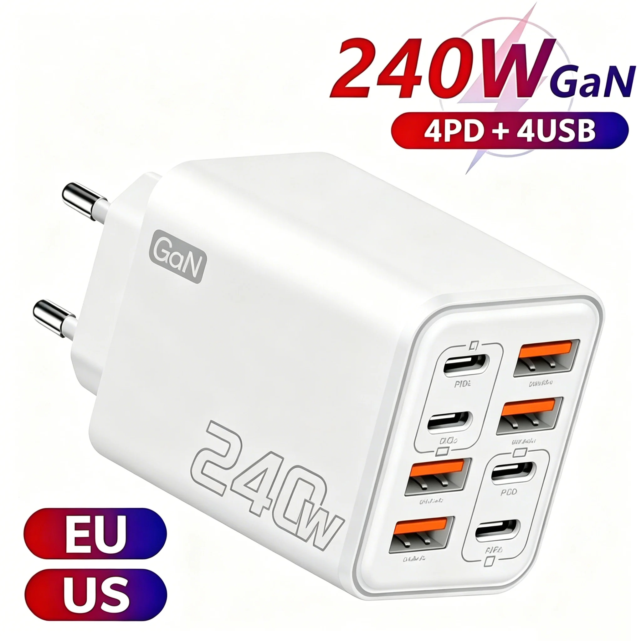Chargeur USB C GaN 240W 8 en 1, charge rapide, adaptateur secteur pour iPhone, Samsung, Xiaomi, type C, prise EU/US