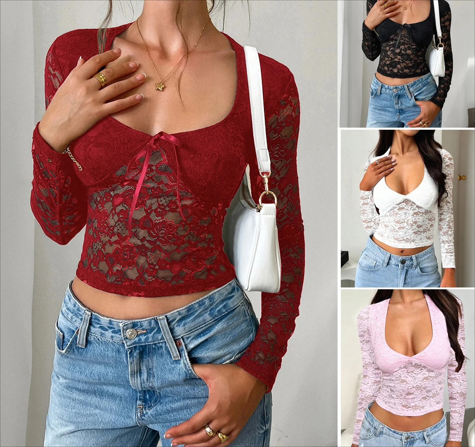 

Top Lace Shirt Women Sexy Crop Tops Hollow Out Lace Up Long Sleeve Sheer Patchwork Deep V Neck Slim Fit