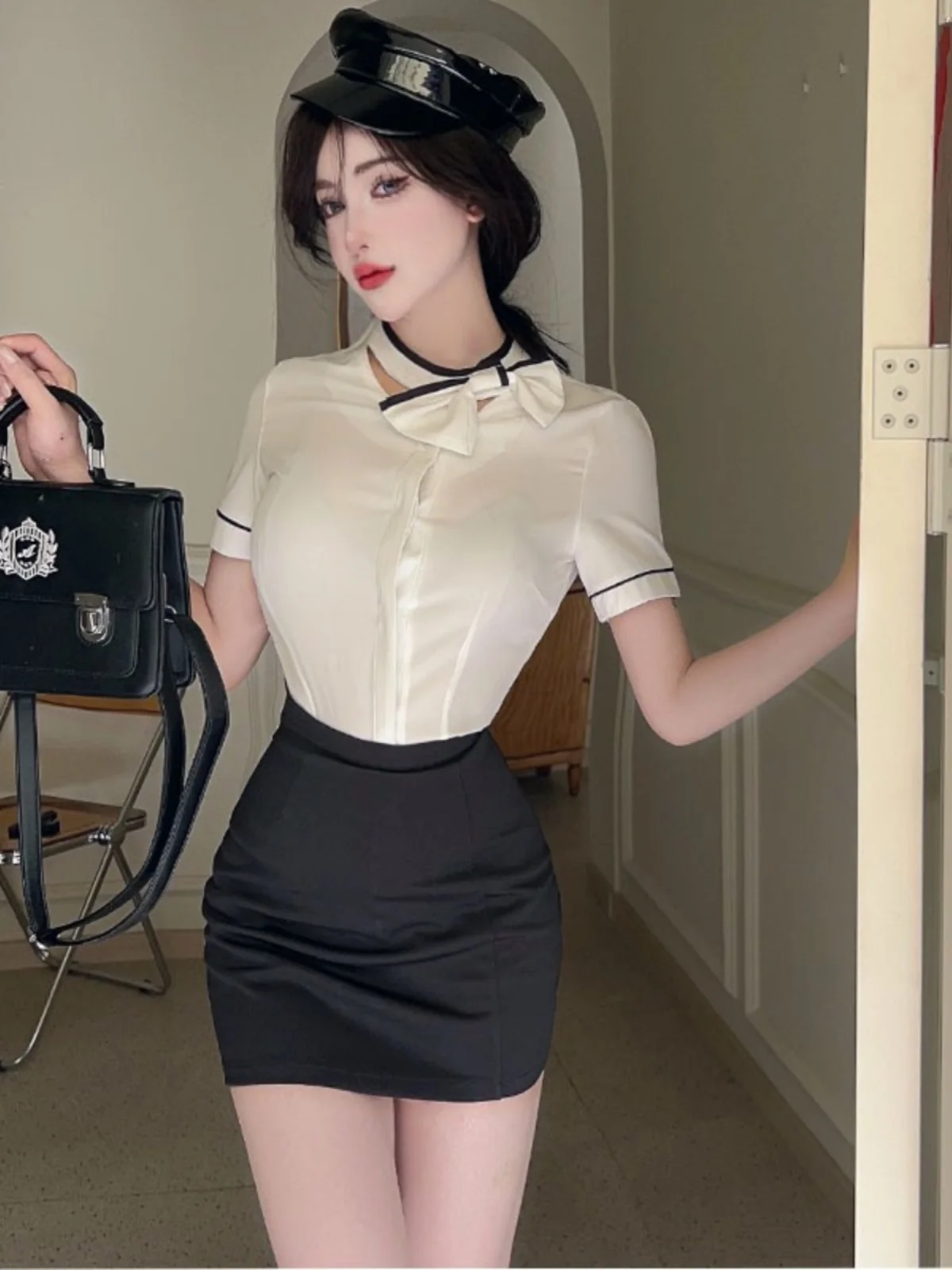 Gracie's Uniform Short Sleeve Shirt And High Waist Skirt Two-Piece Set Fashionable Air Stewardess Jk Workwear Cotton Blend