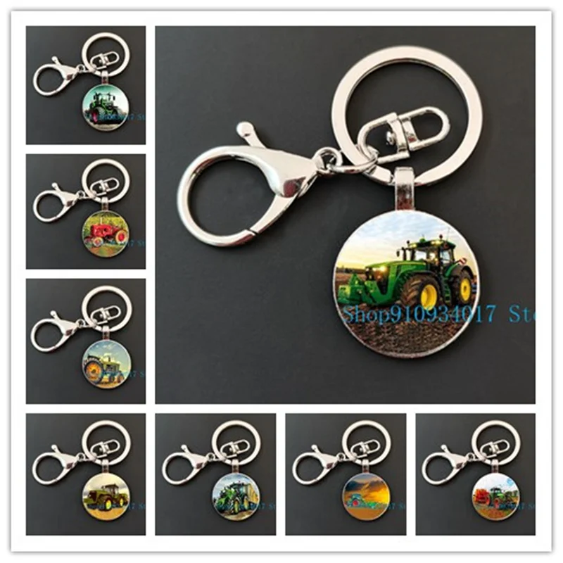 New farmhouse green tractor round glass keychain handmade DIY glass keychain men's car decoration crafts accessories keychain