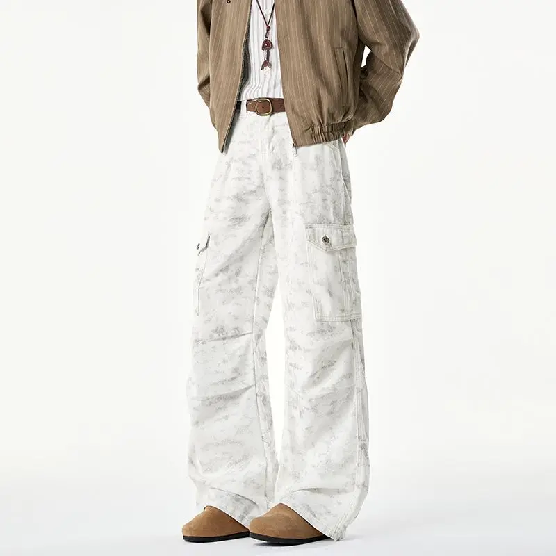 American Sle Tie Dye Loose Work Pants Men's Autumn Winter White Pants Pleated Lazy Sle Bell Bot Casual Straight Leg J...