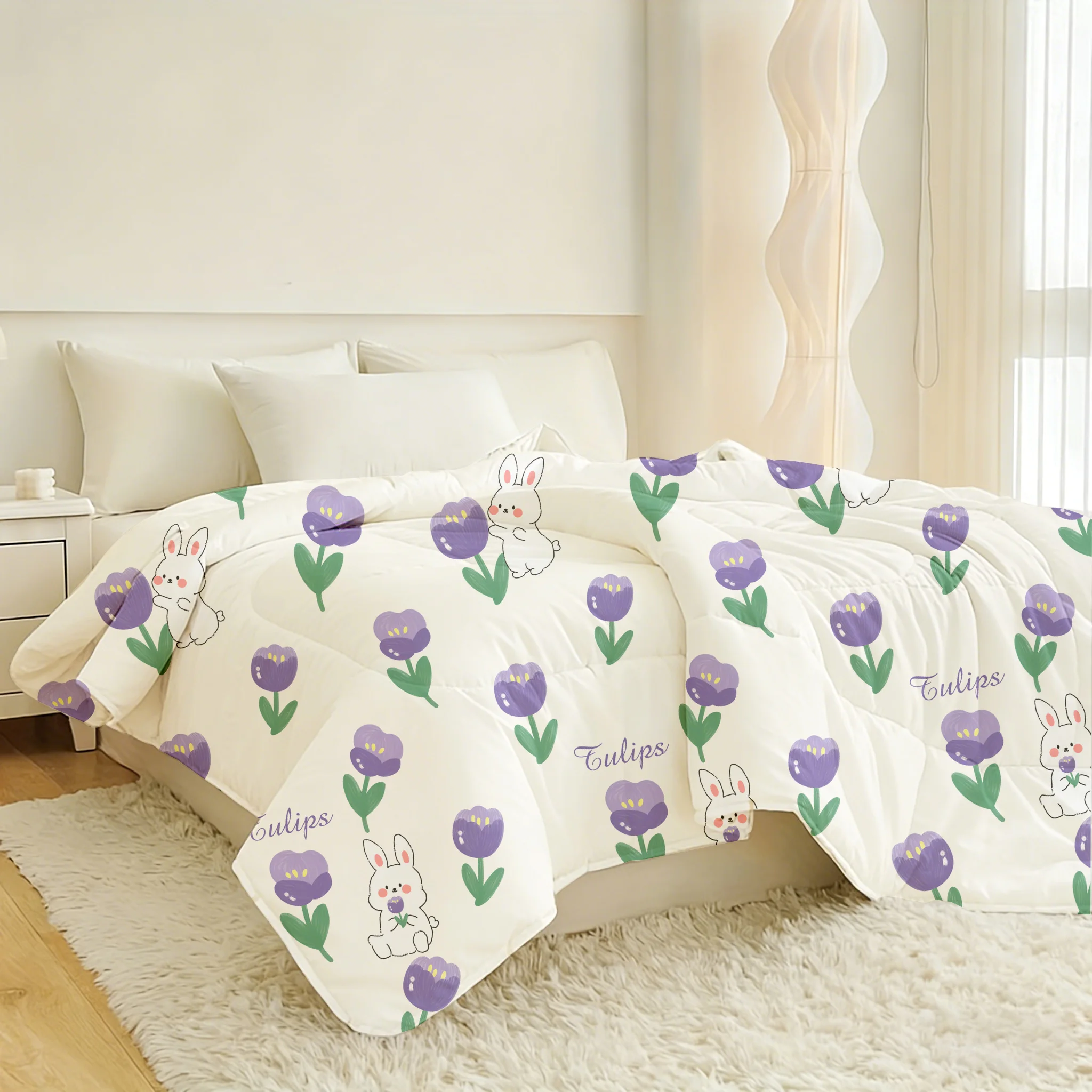 1pc Purple Tulip & Rabbit Quilt Core (Includes 1 quilt core only, no pillowcases or pillow inserts)
