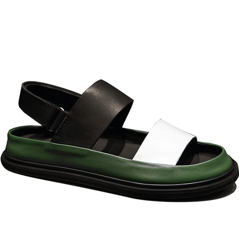Italian New Men Thick Platform Mixed Colors Beach Sandals Hook Loop Open Toes Gladiator Male Shoes Genuine Leather Slippers
