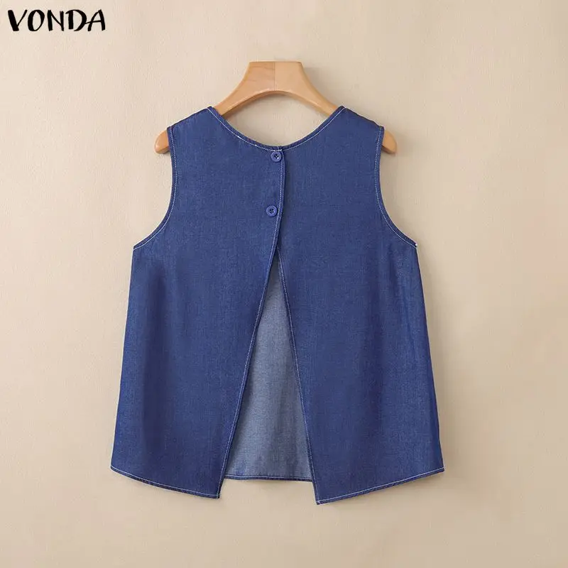 

VONDA Summer Sleeveless Tops Women Blouses Solid Color Tee Streetwear Party Blusas OL Work Tunic A-line Oversize Slit Hem Tops