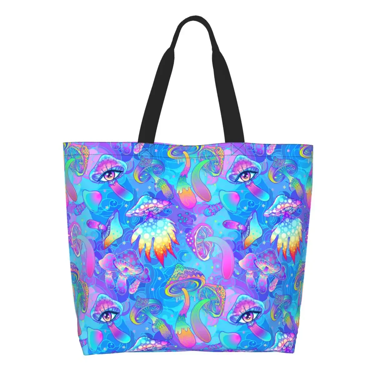 Psychedelic Magic Mushrooms Grocery Shopping Tote Bag Women Funny Canvas Shoulder Shopper Bag Big Capacity Handbag