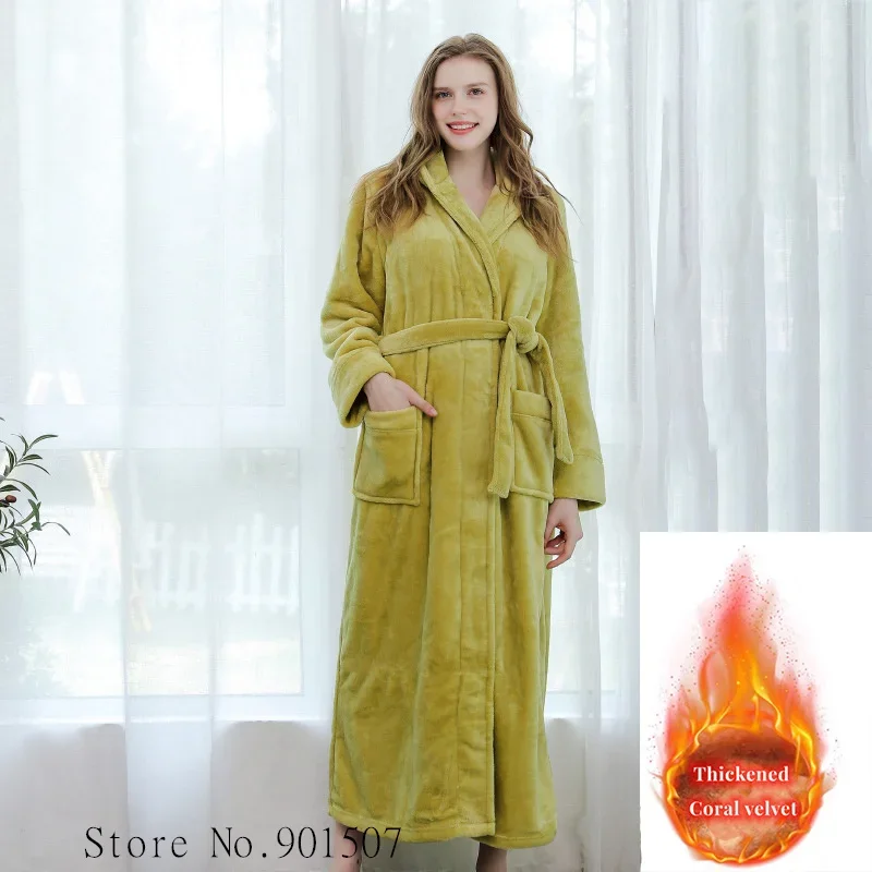 Extra Long Winter Coral Fleece Bathrobe Women Hooded Warm Kimono Bath Robe Cozy Kimono Shower Robes Loose  Nightgown