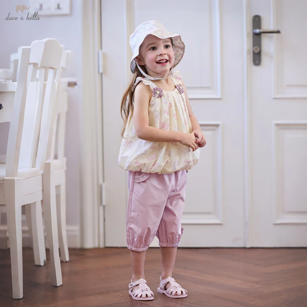 Dave Bella Girls Pure Cotton Set Summer Top Pants Suit Children Print Pullover Vest Elastic Cool Trousers Casual Sweet DB2261567