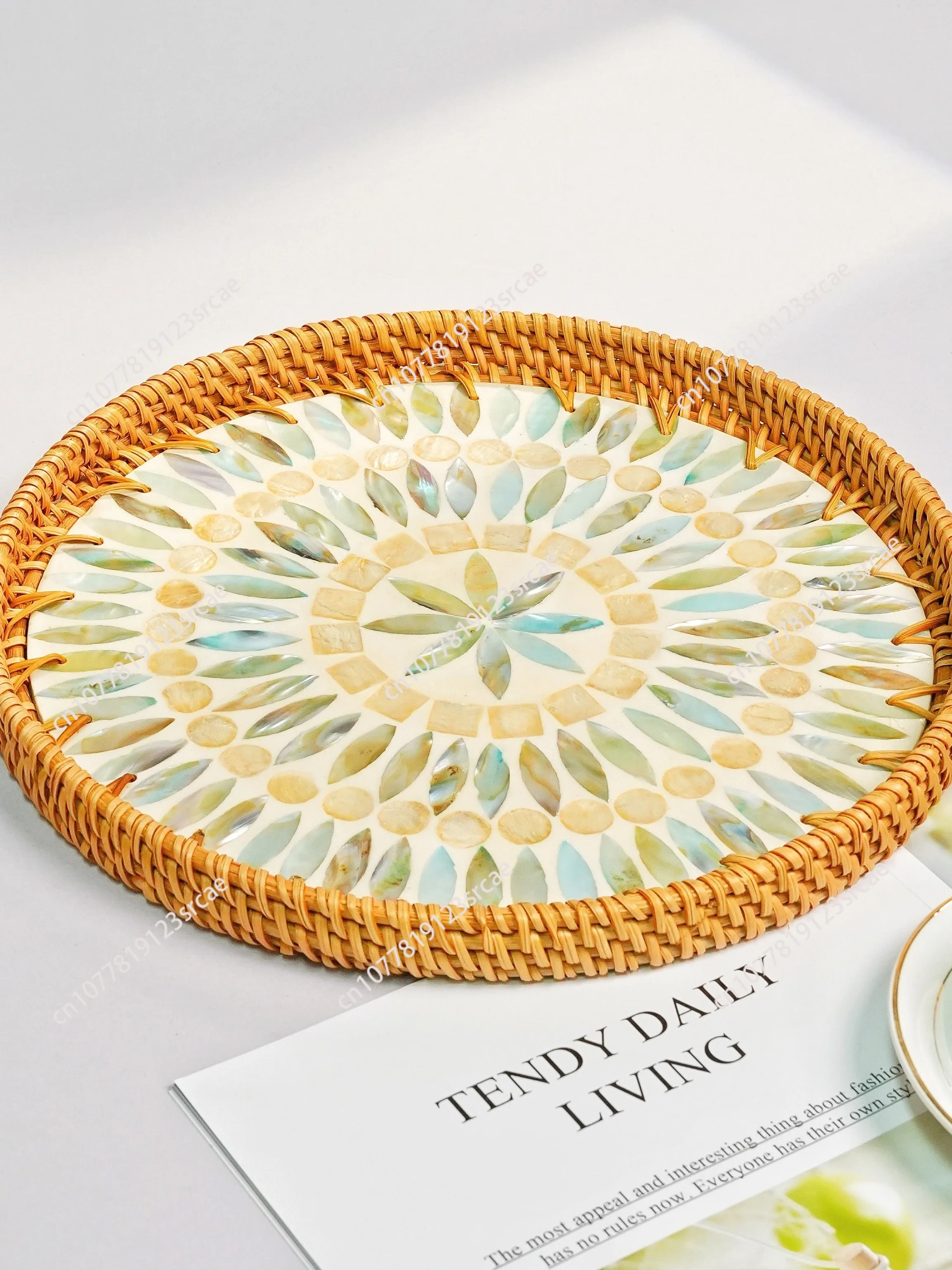 TB067 ice blue flower wheel household living room shell inlaid storage basket two-piece set