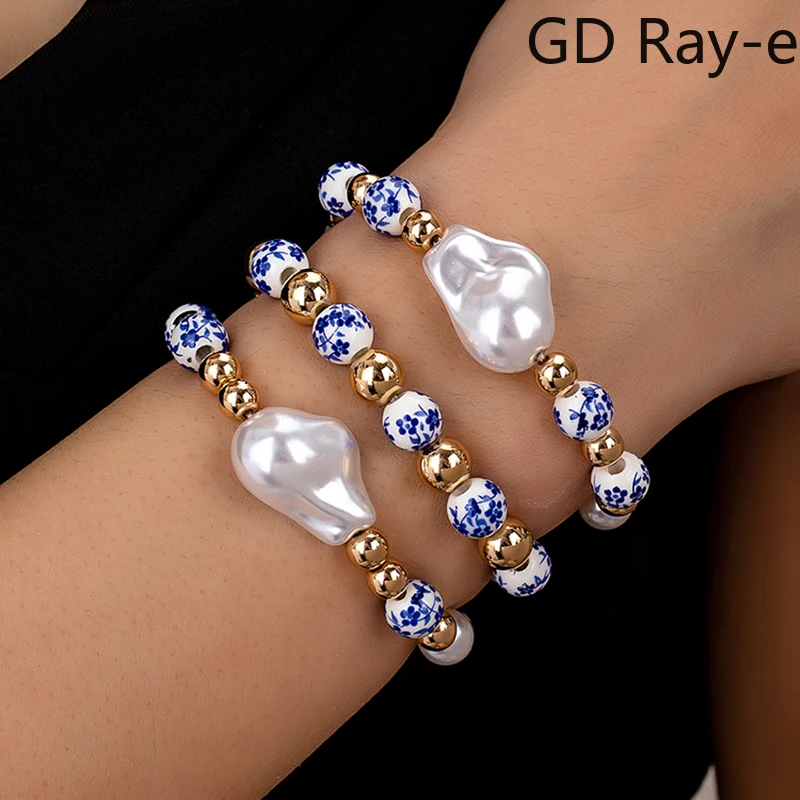 3 pçs imitação de pérola barroca pulseira corda elástica moda simples frisado azul e branco porcelana pulseira s jóias acessórios