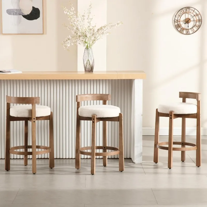 HEAH-YO Mid Century Modern Bar Stools Set of 2, 26.5" Counter Stools with Back, Linen Upholstered Barstools