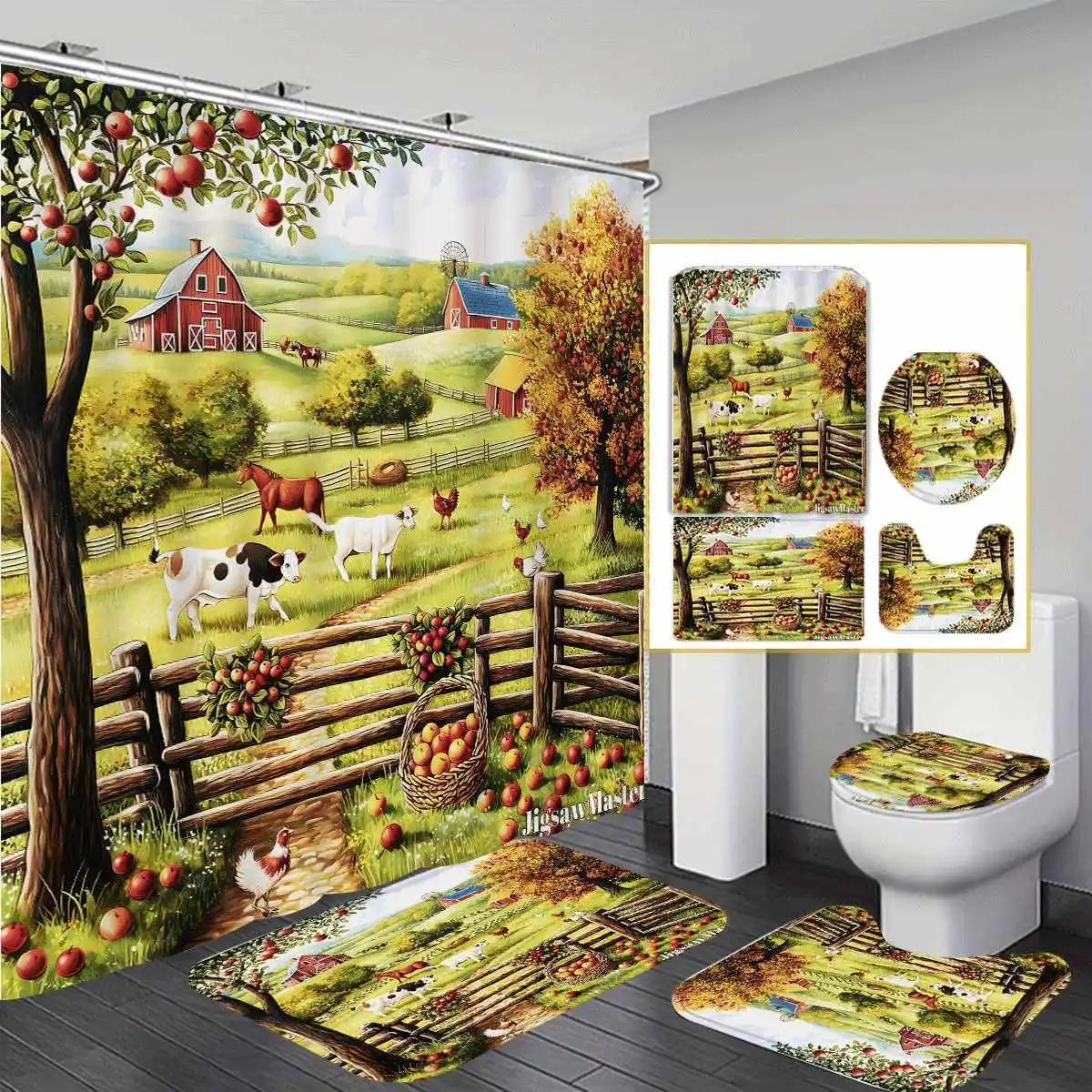 

Spring Farm Themed Polyester, Washable, Bathroom Shower Home Decor with 12 Hooks, Non-Slip Bath Mat, U-Shaped Toilet Seat Cover