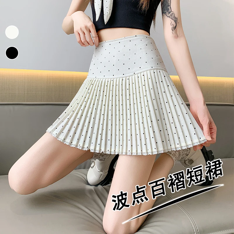 

Женская короткая юбка А-силуэта с кружевными вставками и плиссировкой в горошек, весенняя, с завышенной талией, тонкая, элегантная