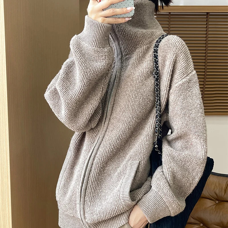 Polo collar zipper cardigan high-end loose women's autumn and winter new Solid color top 100% wool knitted jacket casual