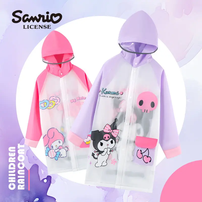 

Kuromi Sanrio Children Raincoat Girl Heart Kawaii Anime Pochacco Sweet Cute Large Brim Student Waterproof Coat Gift for Kids