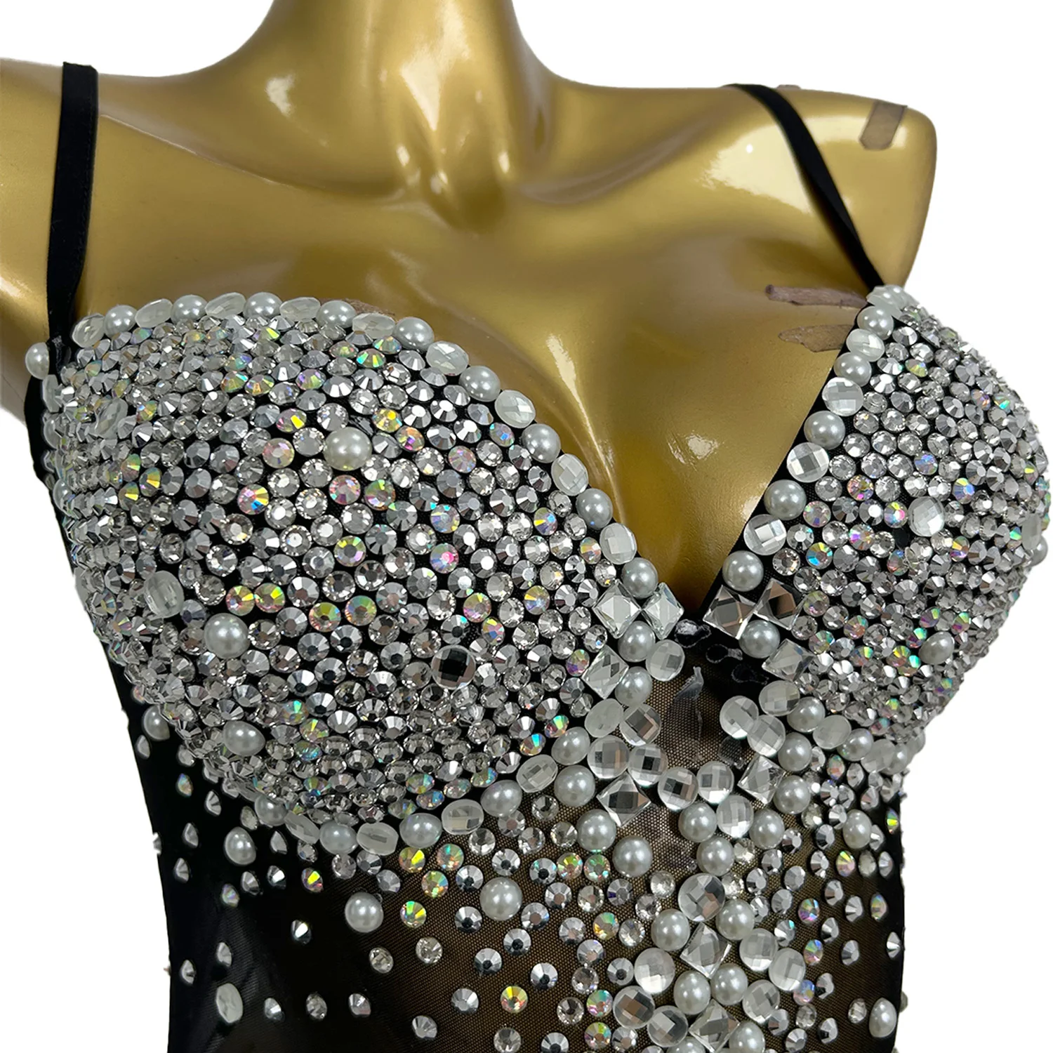Sexy Spaghetti Strap Pearls Rhinestone Night Club Party Bodysuit Women Stripper Dancer Leotard Bodycon Romper Show Jumpsuits