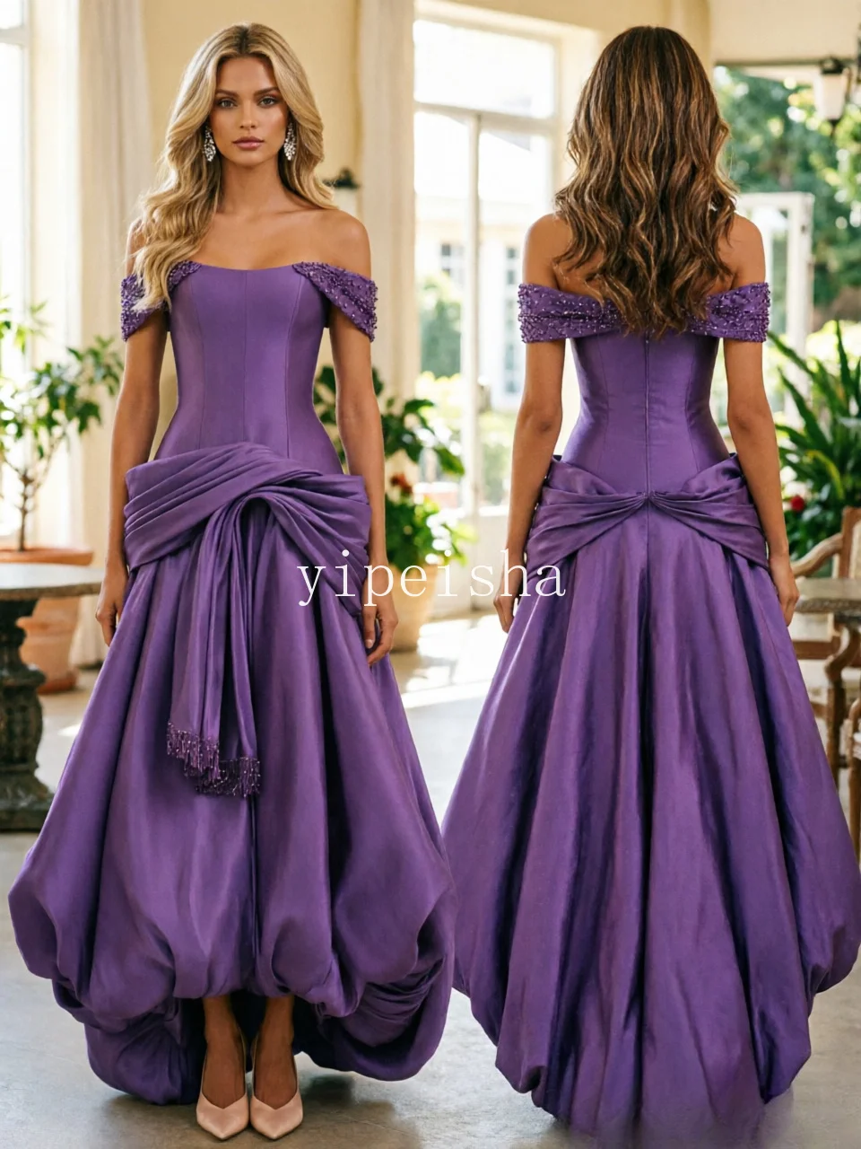 Luxury Violet Off Shoulder Evening Dress Beaded Edge Side Bow Bubble High Low Skirt Prom Wedding Gala Robe De Soiree Custom