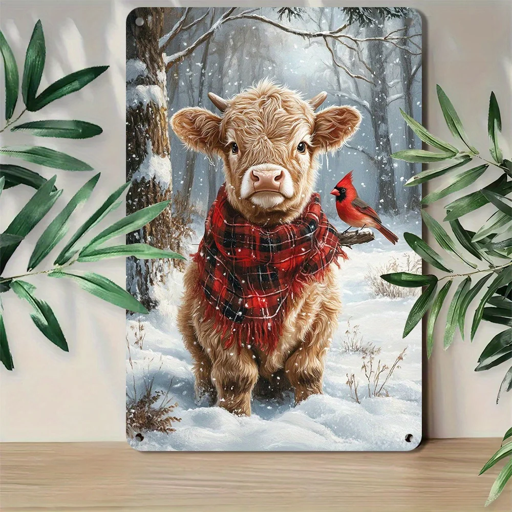 Charming Highland Cattle and Cardinal Winter Scene 8X12 Inch Vintage Aluminum Wall Art Suitable for Home and Bar Decoration