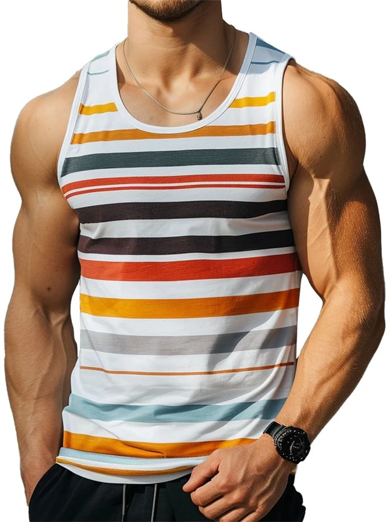 Simple Stripe 3D Printed Tank Tops For Men Fashion Summer Sleeveless Casual Sports Vest Retro Quick Dry Breathable Oversized Tee