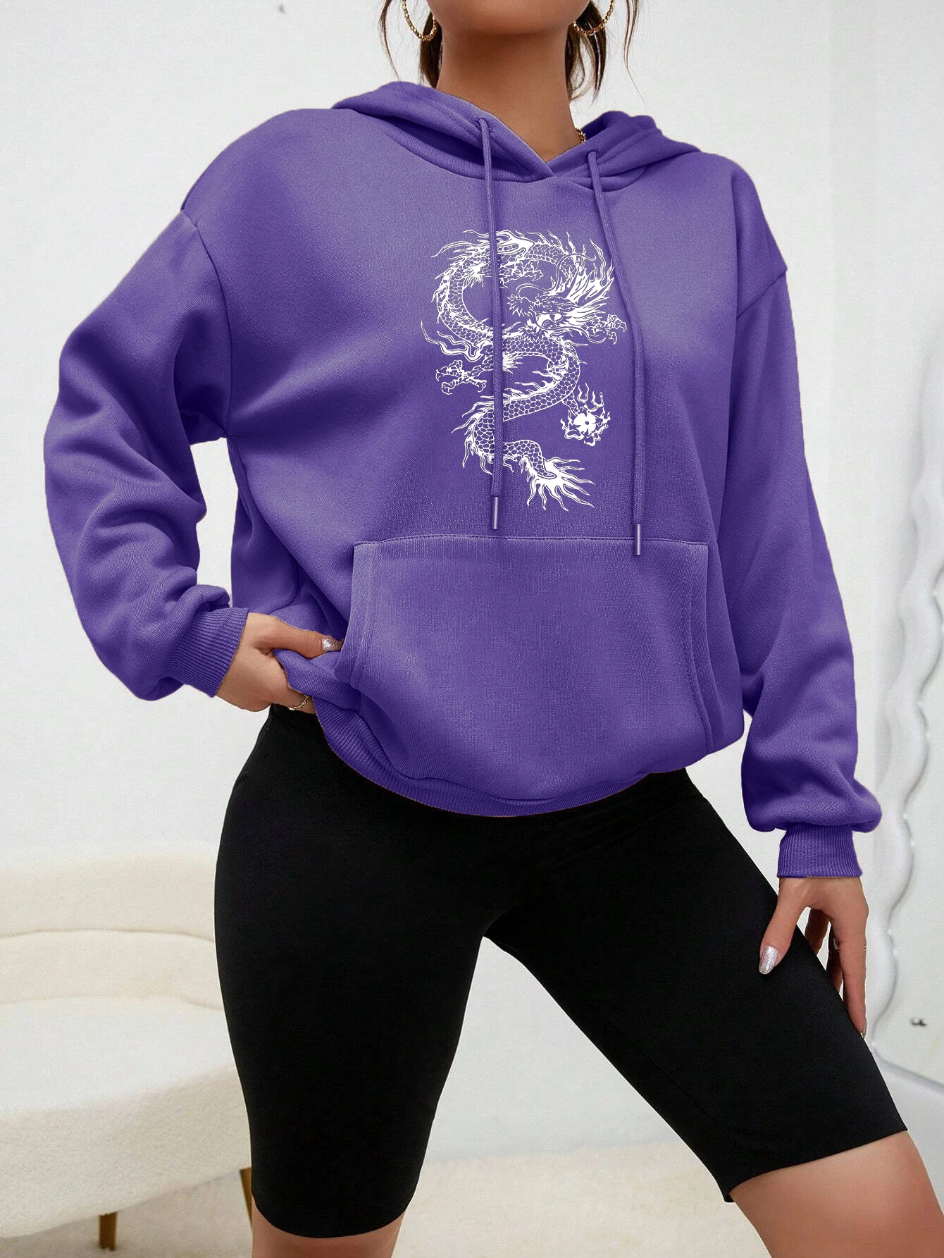 Creative White Dragon Printed Women Hoodies Casual Fleece Clothing Cartoons Pocket Streetwear Comfortable New Female Hoody